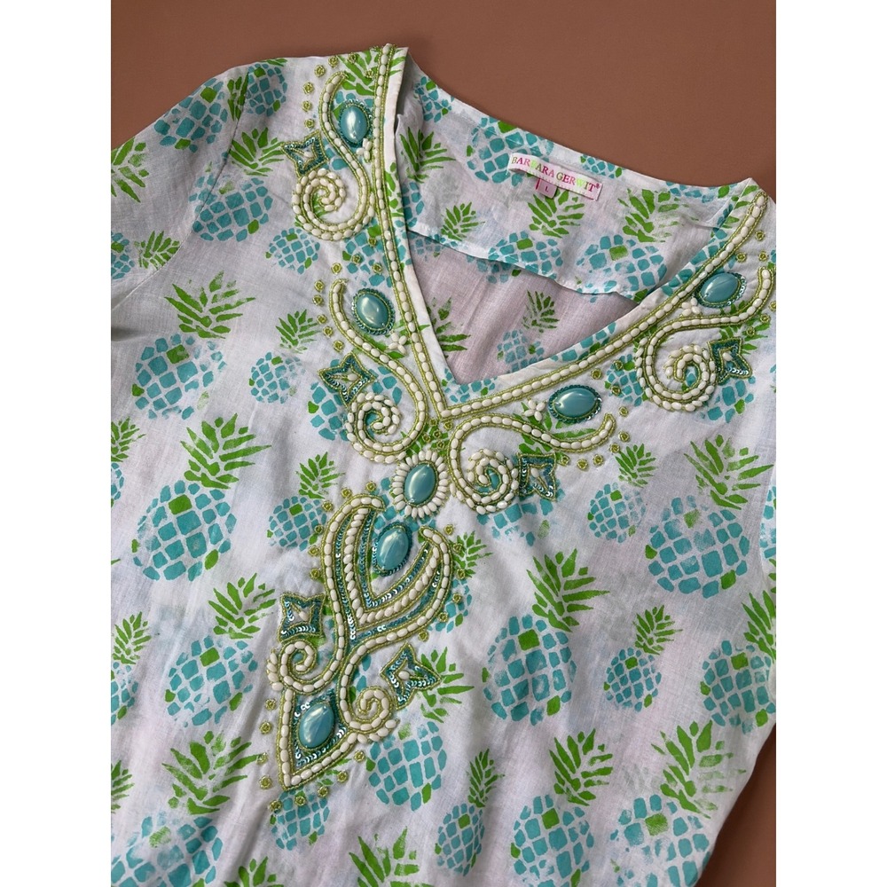 Barbara Gerwit Womens Pineapple Print Beaded Tunic Top Large resort coastal boho